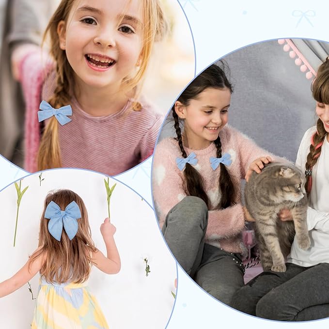 4 Pcs Blue Hair Bow, Cotton Linen Hair Bows, Girls Bows for Hair, Toddler Hair Accessories, Alligator Clips Knot Hair Bows for Girls, Light Blue Bow, 3 Styles & 3 Sizes