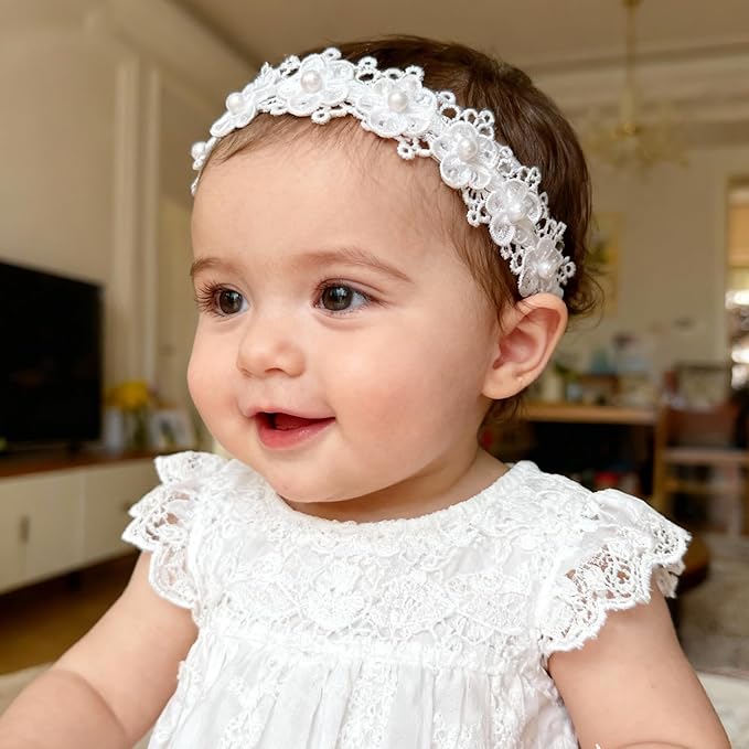 Baby Girls Hairband White Bow Lace Headbands Handmade Soft Stretchy Wide Head Band Newborn Hairbands with Bows Pearls Elastic Headband for Infant Hair Accessories (Pearl flowers)