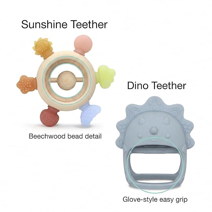 Baby Teething Toys 2 Pack, Dinosaur Mitten Teether and Ring Sun Teether with 6 Chewing Points, Silicone Chew Toys for Infants 0-6 6-12 Months, BPA Free Soothing Gum Relief Set (Blue)