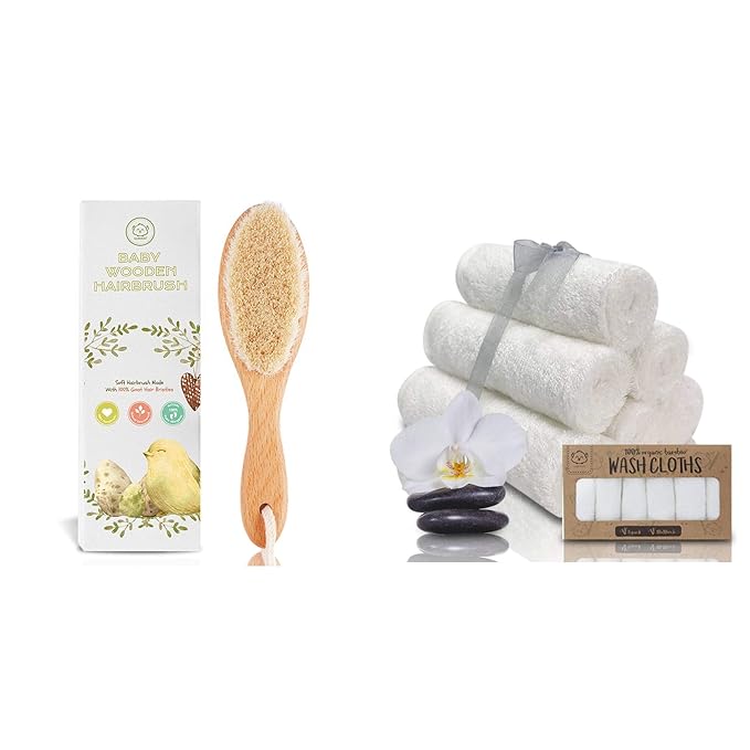 Baby Hair Brush & Bamboo Viscose Baby Washcloth Set for Newborn - Baby Bath Grooming Essential - Suitable for Delicate Newborn Scalp, Skin and Cradle Cap