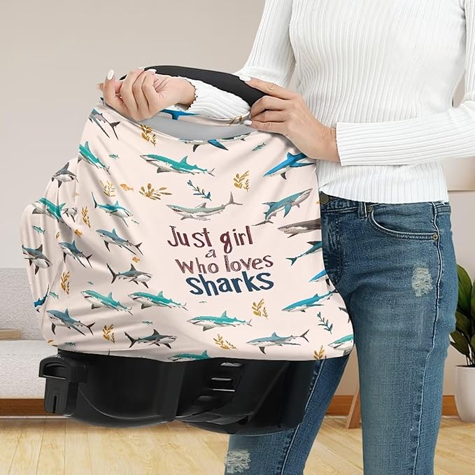 AFPANQZ Shark Print Baby Car Seat Covers Winter Cozy for Girls Boys Multifunctional Infant Car Seat Canopy Nursing Cover High Chair Cover Full Coverage Breathable Stretchy