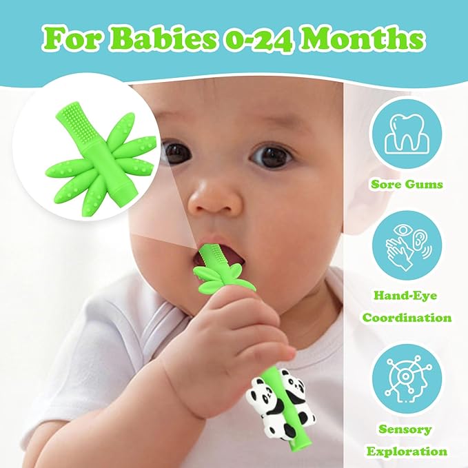 Baby Teether Toy Chew Toys Silicone Panda Bamboo Teething Toy for Baby 3-24 Months, Hollow Tube Teethers for Sucking Needs, Teething Relief for Infants, BPA Free