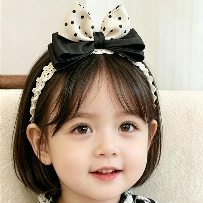 Baby Girls Hairbands Bow Lace Headband Handmade Soft Stretchy Pink Bowknot Hairbands Newborn Hairband with Bows Elastic Hair Bands for Kids Infant(Black and Yellow Dot Bow