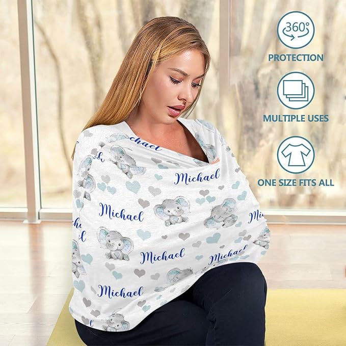 Personalized Cute Elephant Baby Car Seat Covers with Name, Custom Multiuse Nursing Breastfeeding Car seat Canopy, Infant Stroller Covers for Newborn Girl Boy, Ultra-Soft Breathable, Nursing Scarf