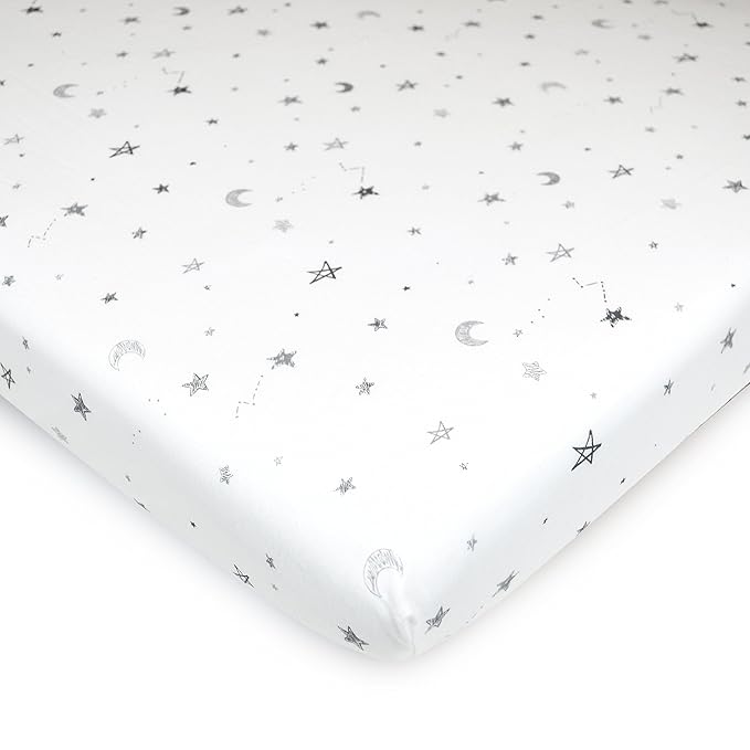 American Baby Company 2 Pack 100% Natural Cotton Fitted Pack and Play Sheets 39" x 27" - Soft & Breathable Pack N Play Sheets for Playard & Mini Crib Mattress, Grey Stars/Zigzag, for Boys & Girls
