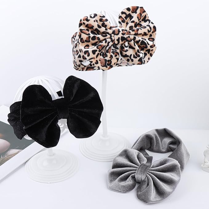 YanJie Leopard Baby Girl Hair Bow Headbands Soft Velvet Baby Bows Newborn Handmade Hair Hairbands Accessories Wide Headwraps for Toddler Kids Infant Photography Prop Gray Black