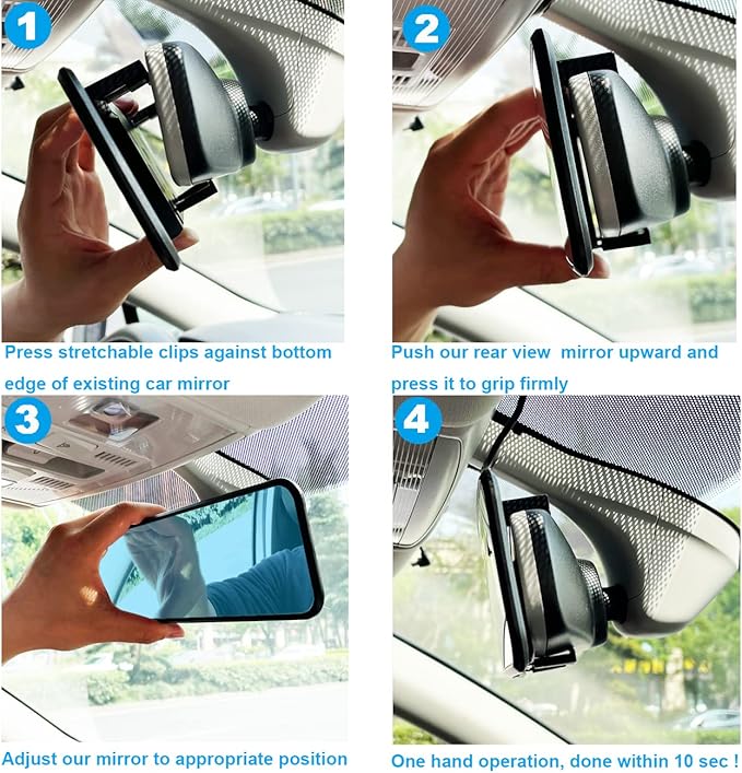 Universal 11.4 Inch Clip On Rearview Mirror - Anti Glare, Wide Angle - Convex - Blue Tint (Bonus 2 PCS Blind Spot Mirrors)