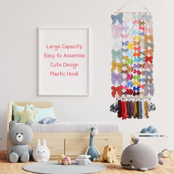 OAOLEER Hair Bow Holder Organizer for Girls Hair Bows,Hair Accessories Headband Organizer Bow Storage Hanger with hook for Baby Girls Wall Hanging Decor for Toddler Girls (White A)