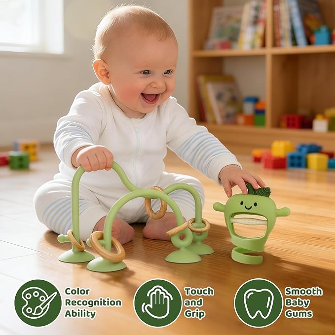 Baby High Chair Suction Toys Teething Chew - Silicone Apple Teething Relief Toys Silicone Teethers Table Toys, Food Grade Silicon for 6 12 18 Months(Green)