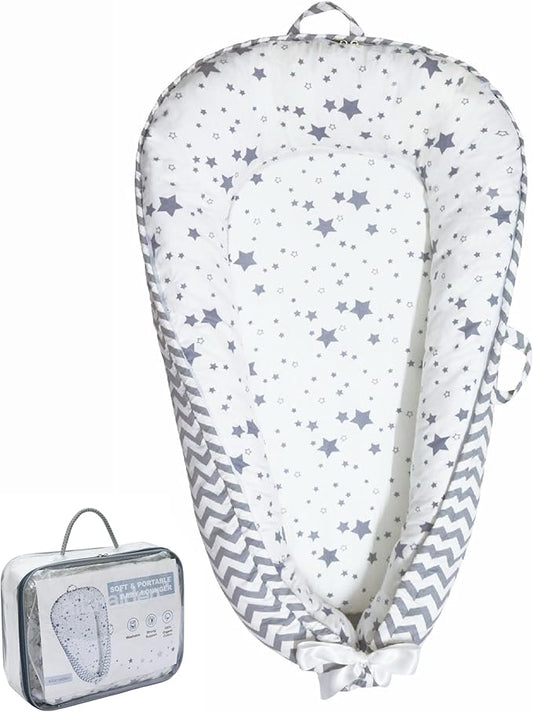 Aila+Aiden Baby Lounger | Organic Cotton Infant Lounger | Reversible, Adjustable & Portable Floor Lounger |Supervised Use | Soft, Breathable, Washable Cover - Star Collection (Gray)