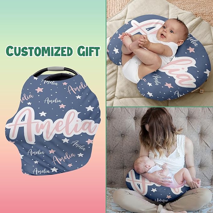 Personalised Car Seat Cover for Girls and Boys - 7 in 1 Multipurpose Breast Feeding Cover, Blue Star Nursing Cover, Grocery Cart Cover - Birthday Gift for Babies