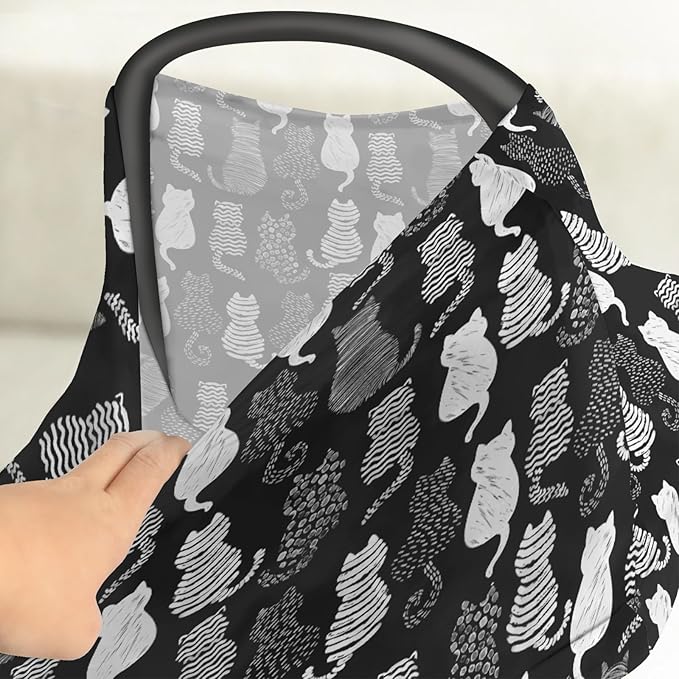 Stylish Cat Shapes Car Seat Cover for Babies Black and White Cat Stretchy 5-in-1 Covers Adjustable Car Canopy Cover Cats Lovers Gift Breathable Nursing Cover-Up