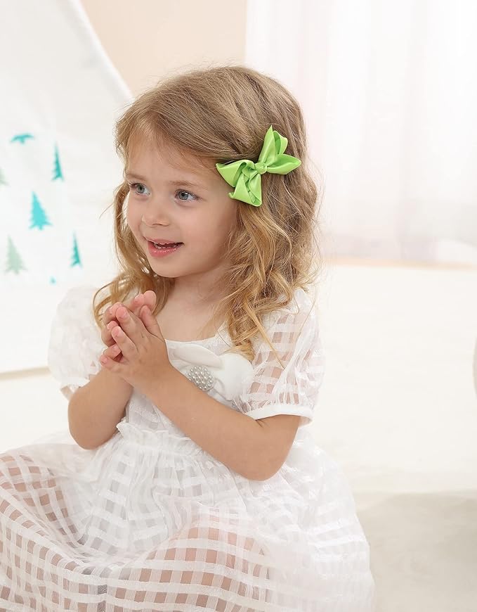 3 Inch Satin Bow for Little Girls - 2 Pcs (Neon Green)