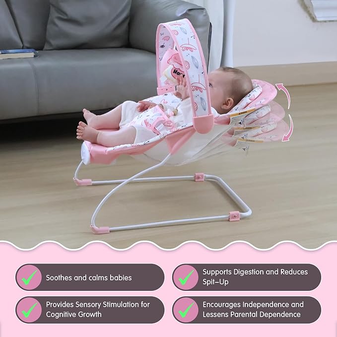 Portable Baby Bouncer Seat with 8 Melodies, 3 Vibration Levels & Adjustable Volume, Foldable Infant Bouncer Rocker with Safety Harness for Baby 0-6 Months, Indoor & Outdoor Use BR2402