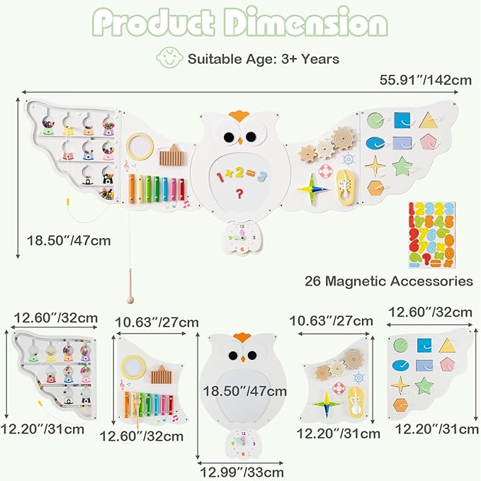 Olakids Owl Sensory Wall, 11 in 1 Wooden Montessori Busy Board Panel with Magnetic Whiteborad Mirror 26 Accessories, Toddler Wall Mounted Activity Center Educational Toys Learning Gift (White Owl)