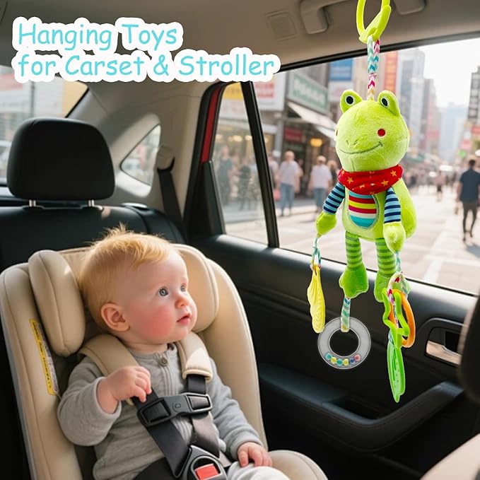 Baby Hanging Toys, Plush Animal Stuffed Sensory Toys for Carseat Stroller Car Seat Crib Play Gym, Baby Toys for 0 3 6 9 12 Months, Baby Boys and Girls Gift (Frog)