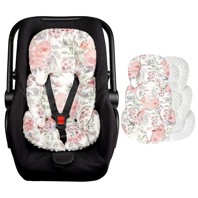 Infant Car Seat Insert, Baby Car Seat Head & Body Support for Newborn, Ultra Soft Reversible Preemie Carseat Insert Cushion for Girls Boys, Fit Car Seat, Stroller, Swing, Bouncer, Pink
