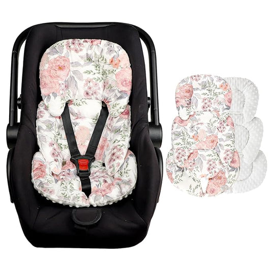 Infant Car Seat Insert, Baby Car Seat Head & Body Support for Newborn, Ultra Soft Reversible Preemie Carseat Insert Cushion for Girls Boys, Fit Car Seat, Stroller, Swing, Bouncer, Pink