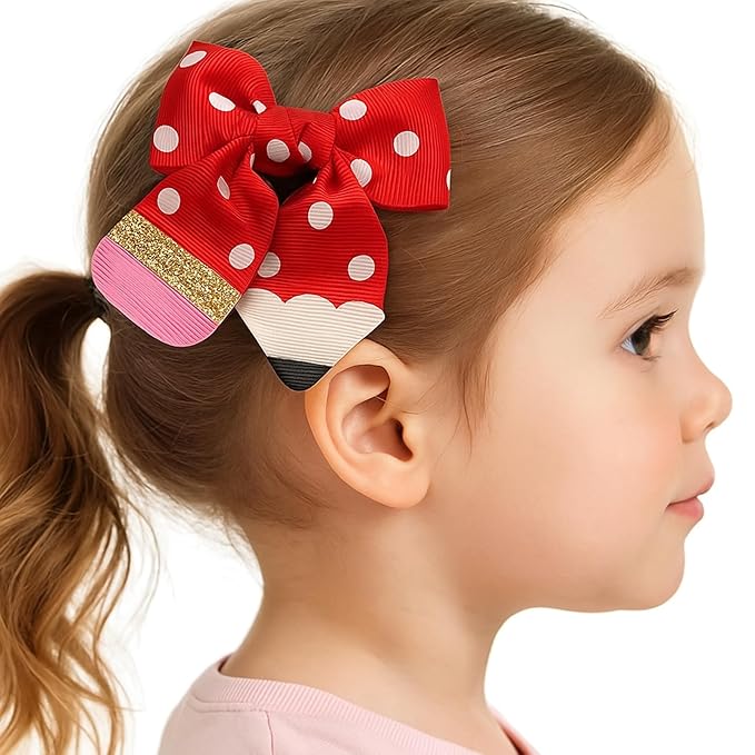 YKW Red Polka Dot Pencil Hair Bow Clip for Girls, Cute School Themed Grosgrain Ribbon Accessory with Secure Metal Fastener, First Day Teacher Gift - 3.9 Inch