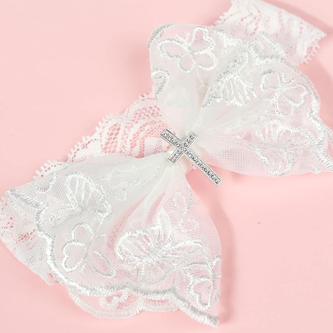 BIBABLYKE Baby Lace Bow Headband for Girls Breathable Bowknot Hair Bands Toddler Christening Party Headdress Cross Turban Hairband Lace