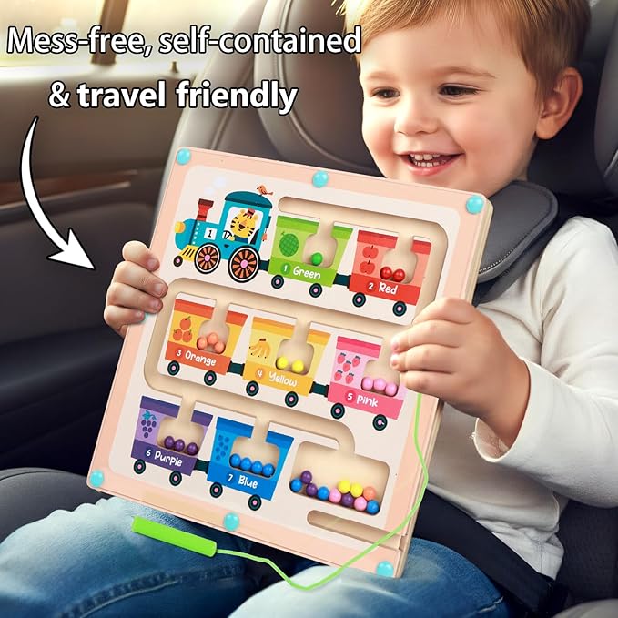 QimuMku Montessori Busy Board for Toddlers 2-4 Magnetic Color & Number Maze Wooden Fruit Train Matching Game Counting Learning Toys for Boys Girls Road Trip Essentials