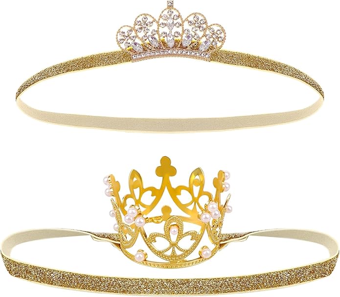 2PCS Gold Baby Tiara Glitter Baby Crown Headband Crystal Crown Hair Belt for Little Girl Infant Princess Tiaras Birthday Elastic Hair Band for Photography Headband Props