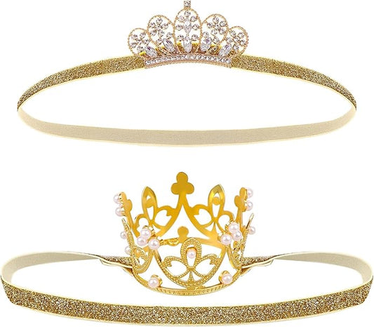 2PCS Gold Baby Tiara Glitter Baby Crown Headband Crystal Crown Hair Belt for Little Girl Infant Princess Tiaras Birthday Elastic Hair Band for Photography Headband Props