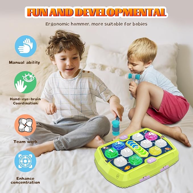 Whack Game Mole Toy for Toddler, Toys for 3 4 5 6+ Year Old Boys/Girls, Interactive Educational Pounding Toys with 2 Hammers, Music & Light, 3 Modes, Birthday Xmas Gifts for Boys Girls Kids Age 3-8