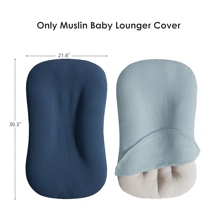 MairMore Muslin Baby Cover for Newborn, Soft and Breathable 100% Cotton Lounger Slipcover Neutral, Pack of 2(Dark Blue)