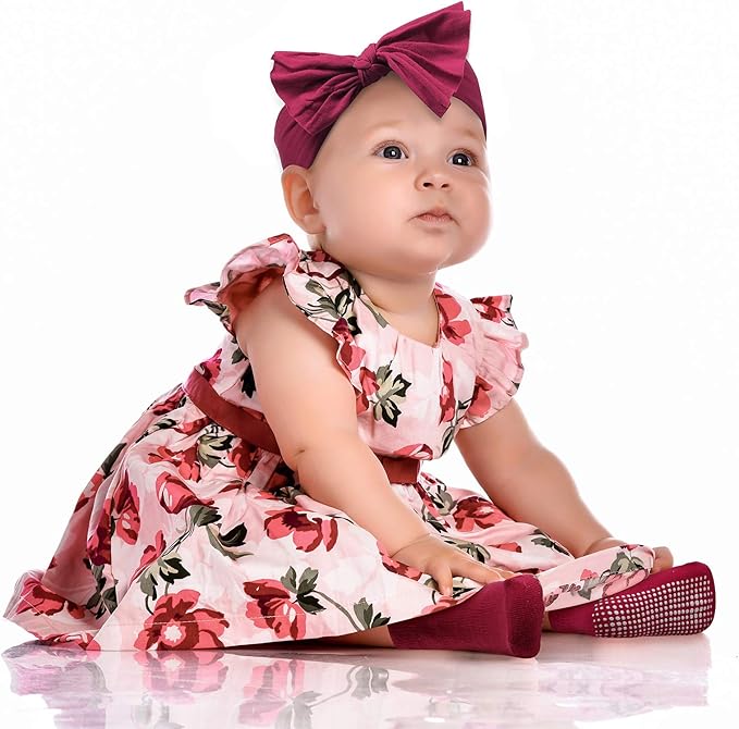 Geyoga 18 Pieces Baby Headband Newborn Socks and Mittens Sets Elastic Baby Essentials Boys Girls 0-6 Months (Wine Red, Pink, Yellow, Balsklish Green, White, Black)
