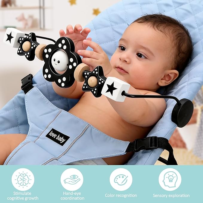 Wooden Baby Bouncer Toy Bar Attachment, Sensory Toy for Newborn to Toddler Boys Girls, Easy Install & Remove, Baby Bjorn Compatible (Black)