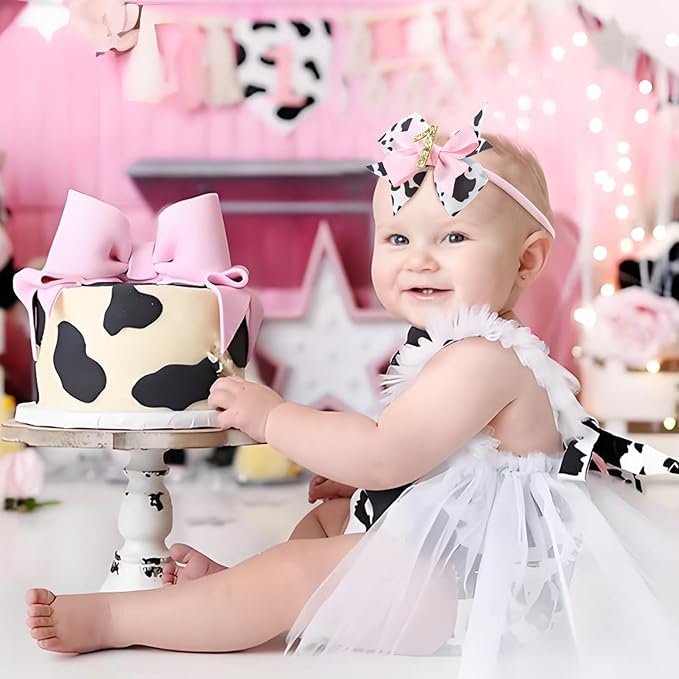 YanJie 4'' Baby Girl Birthday Hair Bow for 1 Year Old Newborns Glitter Cow Print Infant Headbands Sprinkle First Birthday Hair Accessories Pink Bows