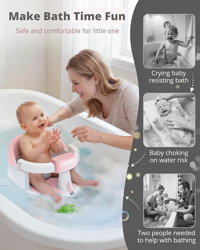 ONTHEWEI Baby Bath Seats for Babies Sitting Up, Non-Slip Baby Bathtub with 3 Suction Cups, Safe & Comfortable Toddler Bath Seat Ideal for Baby Bath/Shower Support, Stable Design, Grey (6-24 Months)