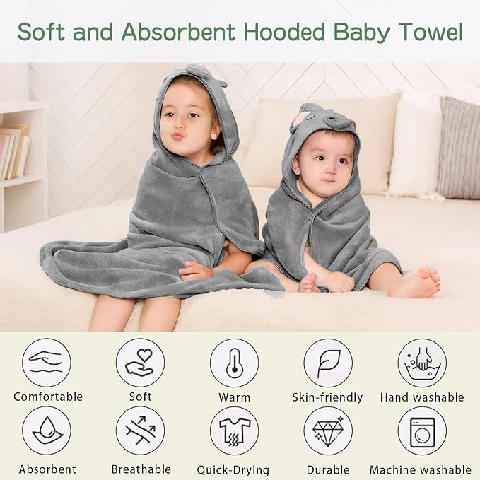 Hooded Baby Towel Set, 32x32 Inch Absorbent Bath Towels, 4 PCS Soft Hooded Towels, Perfect for Newborns, Toddlers, Babies, Essential Baby Bath Accessories (Green + Brown + White + Gray)