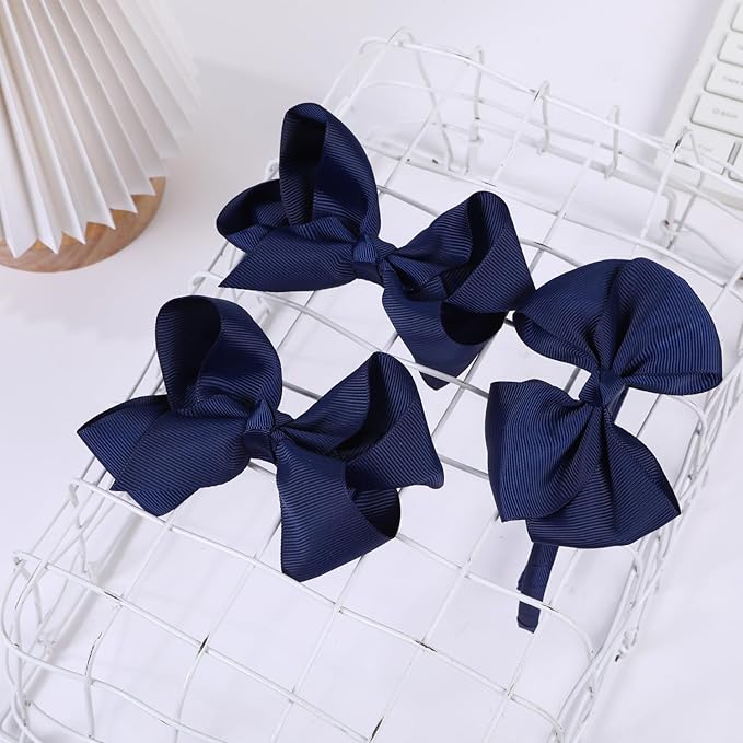 Bow Headband & 2 Pcs 4 Inch Hair Bows Set, Black School Hair Accessories for Little Toddler School Girls (Navy)