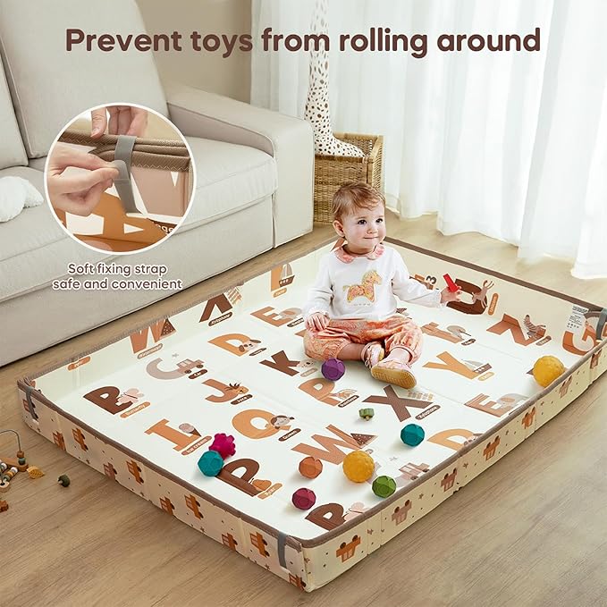 Foldable Baby Play Mat, 65" X 50" Waterproof Double-Sided Cushioned Activity Play Mat, Soft Lightweight Foam Playmat with Fold-Up Sides, Non Slip Crawling & Playing for Infants and Toddler, Alphabet