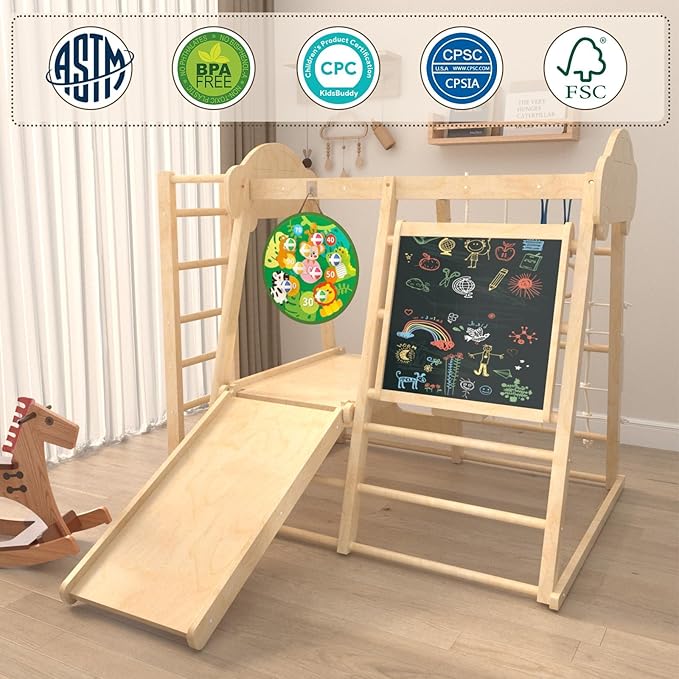 9-in-1 Indoor Jungle Gym, Montessori Indoor Playground for Toddlers,Wooden Climber Set with Swing, Slide, Monkey Bars, Climbing Neting, Upright Ladder, Climbing Ladder, Rings, Black Board, Dart Board