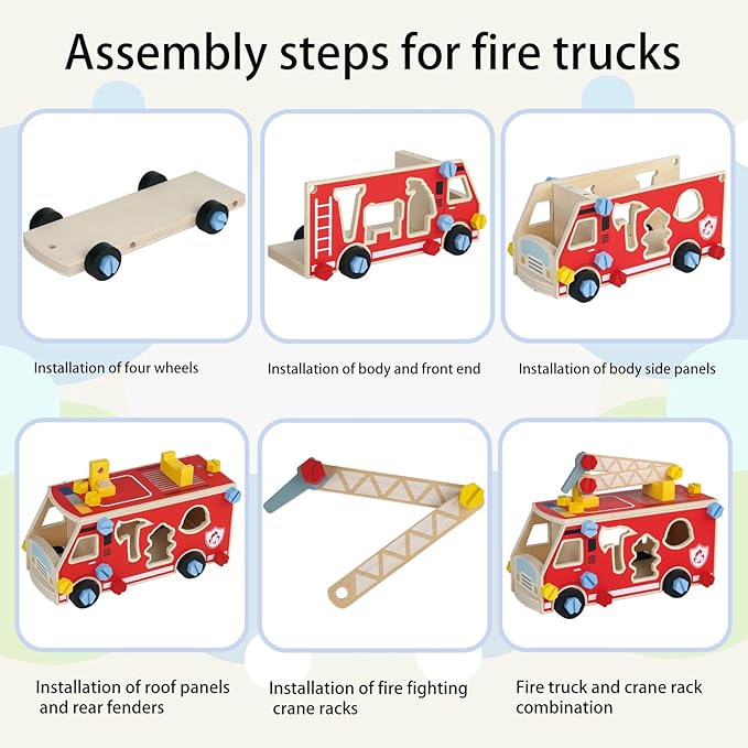 LOVELAND Wooden Fire Truck Toy – Take-Apart STEM Vehicle with Firefighter Tools & Shape Sorting, Montessori Educational Gift for Toddlers Boys Girls Ages 3+
