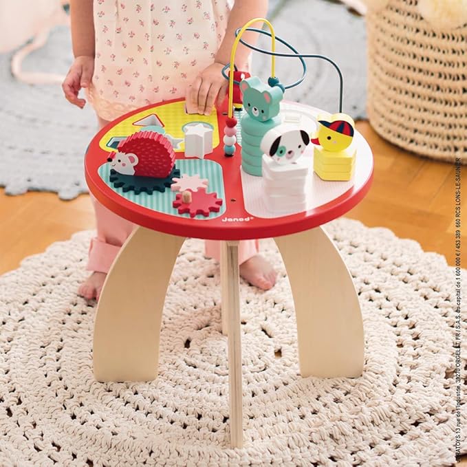 Janod - Baby Forest Wooden Activity Table 23.2" Tall - Assembling Table for Children's Activities - Vibrant Colors - Multi-Activity Play, Develops Dexterity, French Design