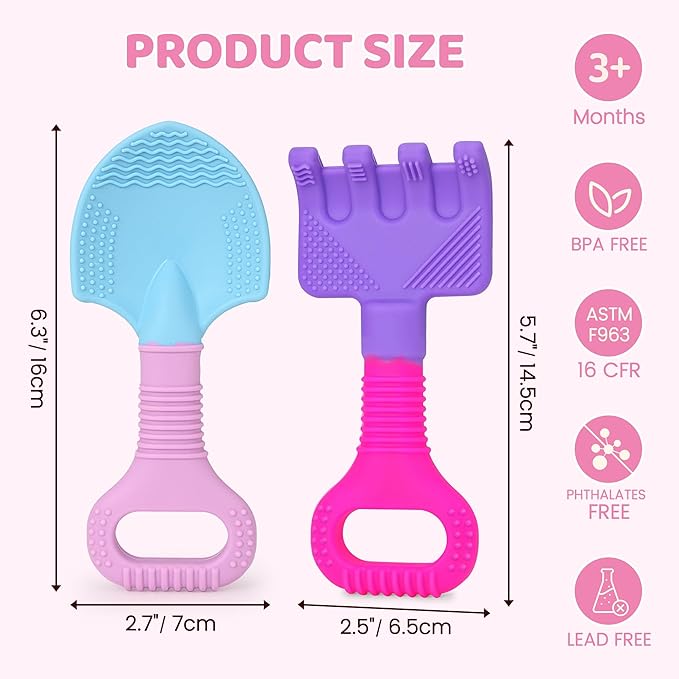 Baby Teething Toys, Baby Teether Toys Shovel & Rake Silicone Teethers for Babies 0-6 Months 6-12 Months, Multi-Texture Gum Massage Teething Relief Easy Grip for Infants Newborn Toddler, 2 Pack
