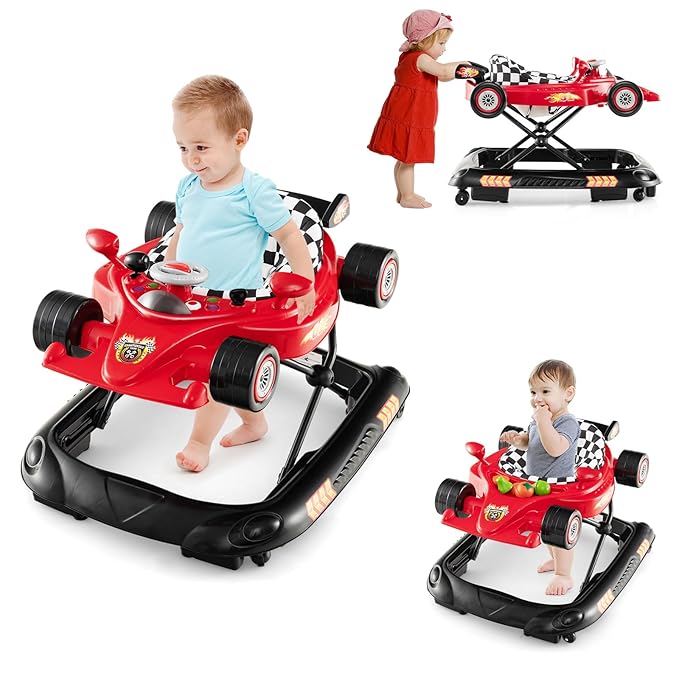 BABY JOY 4-in-1 Baby Walker, Foldable Activity Walker with Adjustable Height, Music & Lights, Anti-Rollover, Toddler Push Walker, Baby Walker with Wheels for Boys Girls 6-14 Months (Red)