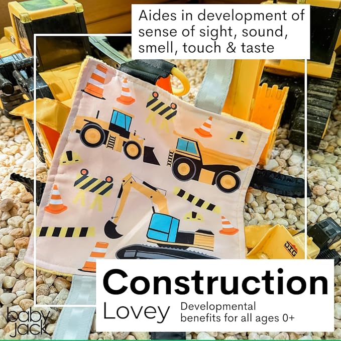Baby Jack & Co 8x8” Construction Lovey Tag Toy for Babies - Baby Crinkle Toy - Soft & Safe - Learn Shapes & Colors - Ideal Baby Toy - BPA Free w/Stroller Clip
