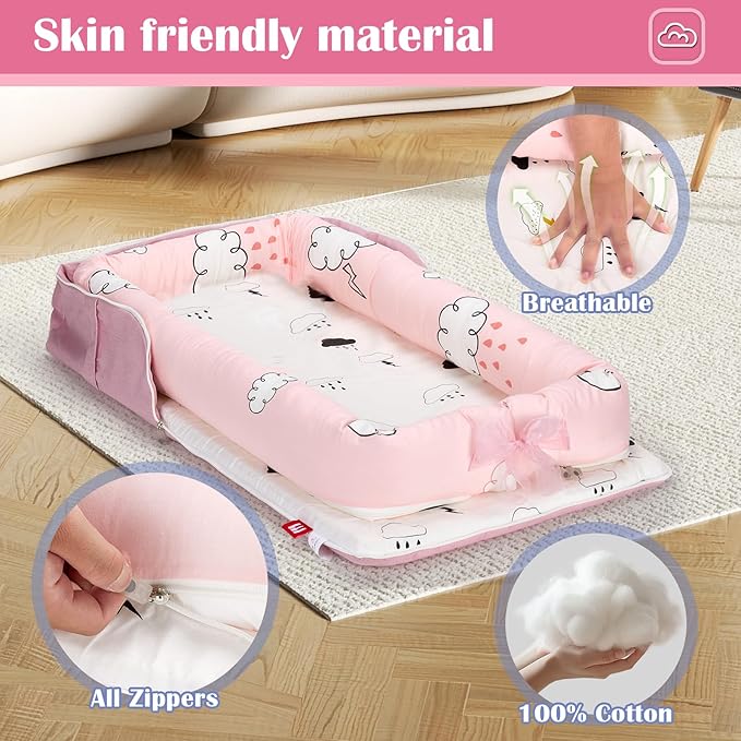Baby Lounger for Newborns & Infants 0–24 Months, 100% Cotton Breathable Infant Support Cushion with Adjustable Size, Portable Baby Nest for Home and Travel, Baby Shower Gift (Rain Cloud)
