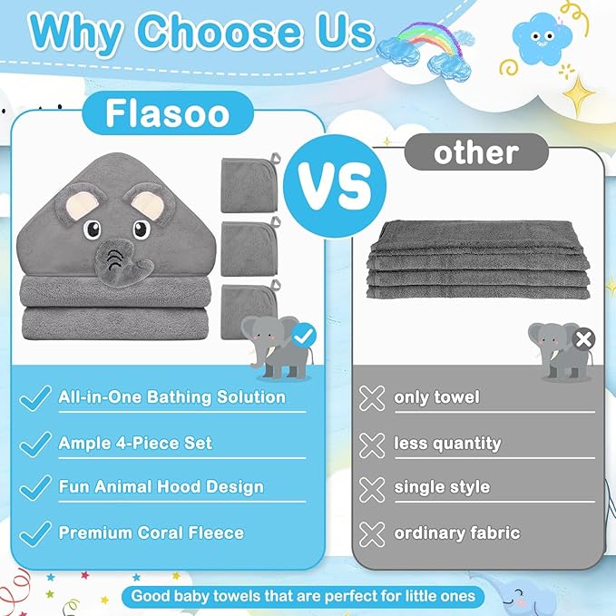 Flasoo 4 Pcs Baby Towels and Washcloths Set, 1 Pcs Animal Hooded Baby Towels & 3 Pcs Baby Washcloths for Newborns, Toddlers, and Kids, Soft Absorbent Hooded Bath Towel for Boys & Girls (Gray Elephant)