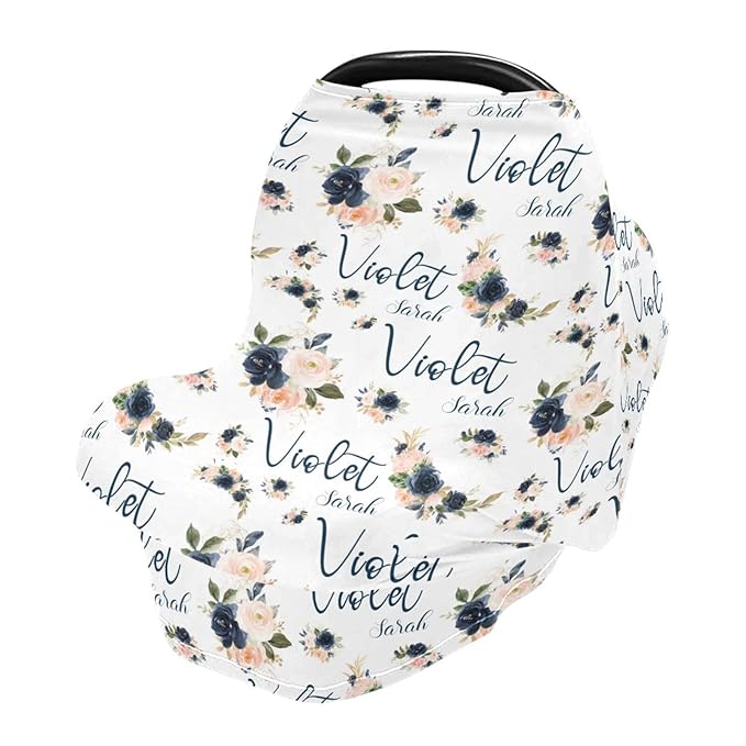 Personalized Baby Car Seat Cover for Girls, Custom Floral Purple Nursing Covers for Breastfeeding with Name, Infant Stroller Cover, Baby Carseat Canopy for Newborn, Multiuse Car Seat Canopies