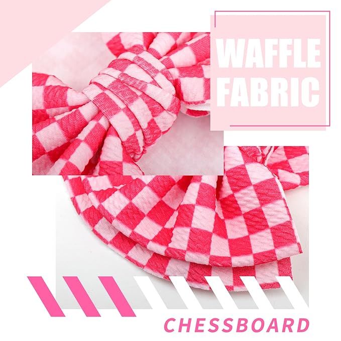 YanJie 2PCS 7’’ Hot Pink Bows for Baby Girls Checkered Headband Double Layered Bow Infants Toddler Hair Accessories Newborn Headbands Baby Clothes