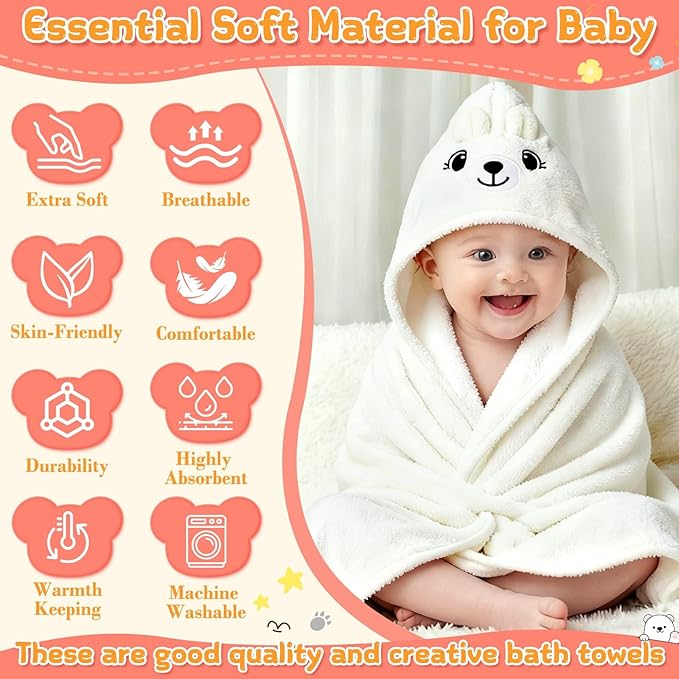 Flasoo 12 Pcs Baby Bath Towels Set for Infants Toddlers, 2 Pcs Animal Hooded Bath Towel, 2 Pcs Baby Burp Cloths & 8 Pcs Washcloths Set, Absorbent Soft Newborn Gift for Boys & Girls (Kitten & Bear)