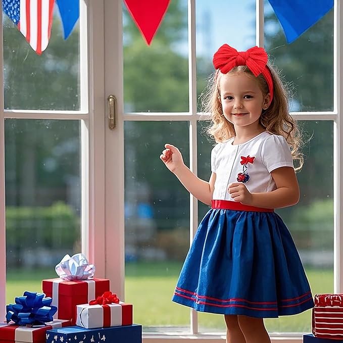 LemonSpace Handmade Headband for 4th of July Blue Baby Bow Newborn Accessories Infant Girls Hair Bows Red White and Blue Stretchy Soft Nylon Baby girl Bows Newborn Toddlers Headwrap