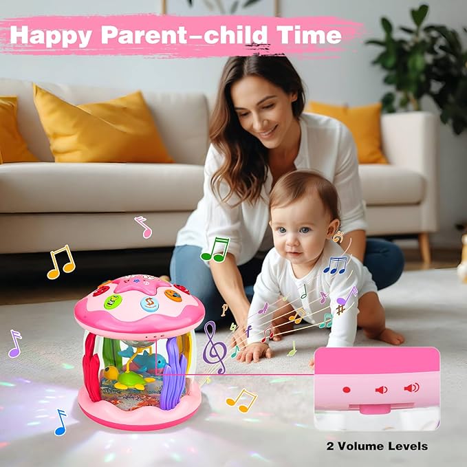 Aboosam Baby Girl Toys 6-12 Months: Babies Ocean Rotating Light Up Musical Toys 12-18 Months Crawling Learning Infant Toy for Toddlers 1 2 3 Years Old Baby Girl Gifts (Pink)