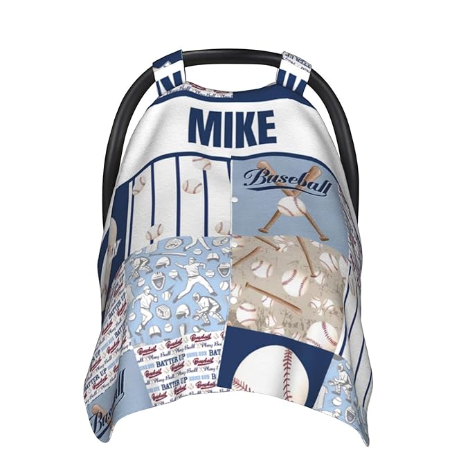 Personalized Baby Car Seat Canopy for Boys Girls, Custom Name Baby Car Seats Covers for Babies, Opening Minky Nursing Breastfeeding Stroller Cover Infant Carseat Canopies for Newborn (Baseball)
